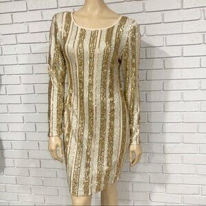 Girl in Mind Gold‎ White Stripe Sequin Dress - Size 8